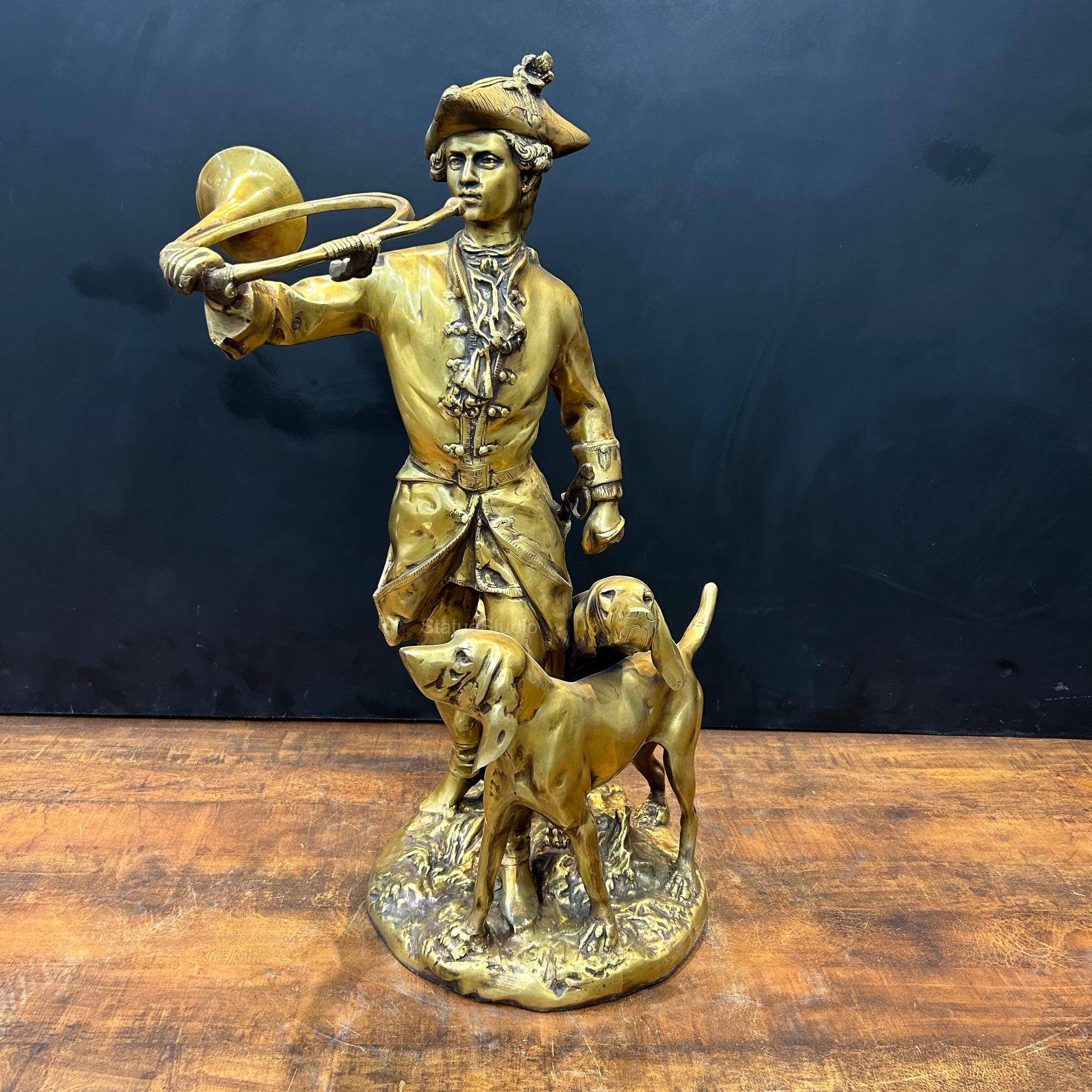 Brass French Huntsman Statue With Hounds 27 Inch - Eco-friendly - Sama Homes