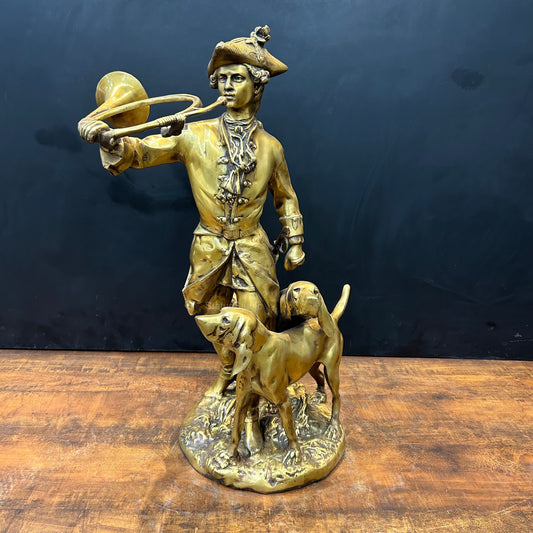 Brass French Huntsman Statue With Hounds 27 Inch