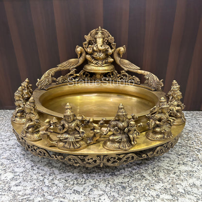 Brass Ganesha Ashtalakshmi Urli Antique Finish For Home Temple Decor Gift Showpiece 16" by vendor-unknown - Decor