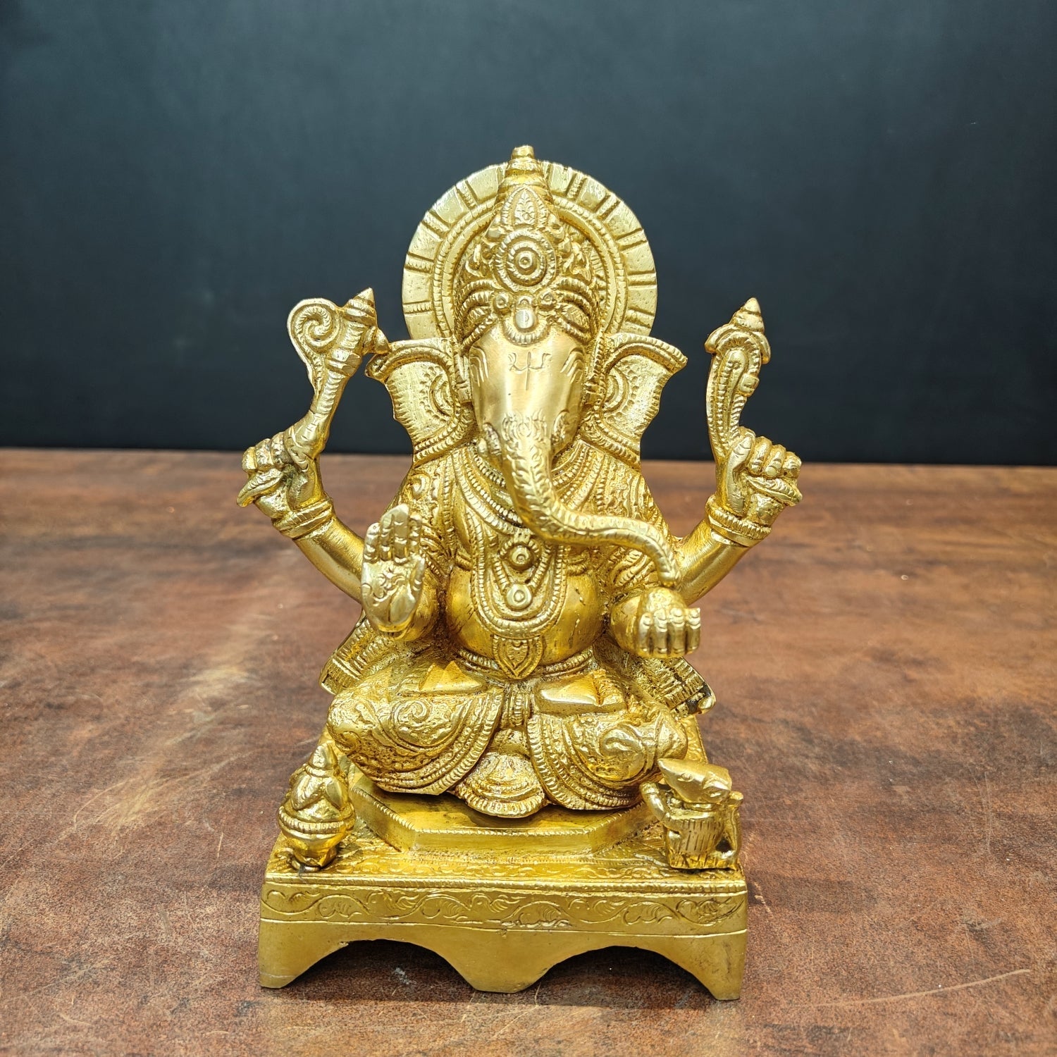 Brass Ganesha Idol Golden Finish For Home Temple Decor 7 Inch - Eco-friendly - Sama Homes