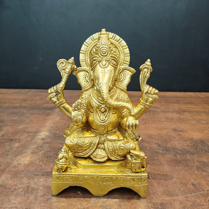Brass Ganesha Idol Golden Finish For Home Temple Decor 7 Inch by vendor-unknown - Hindu Gods
