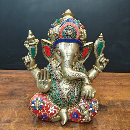 Brass Ganesha Idol Mosaic Stone Work For Home Decor 14 Inch by vendor-unknown - Hindu Gods