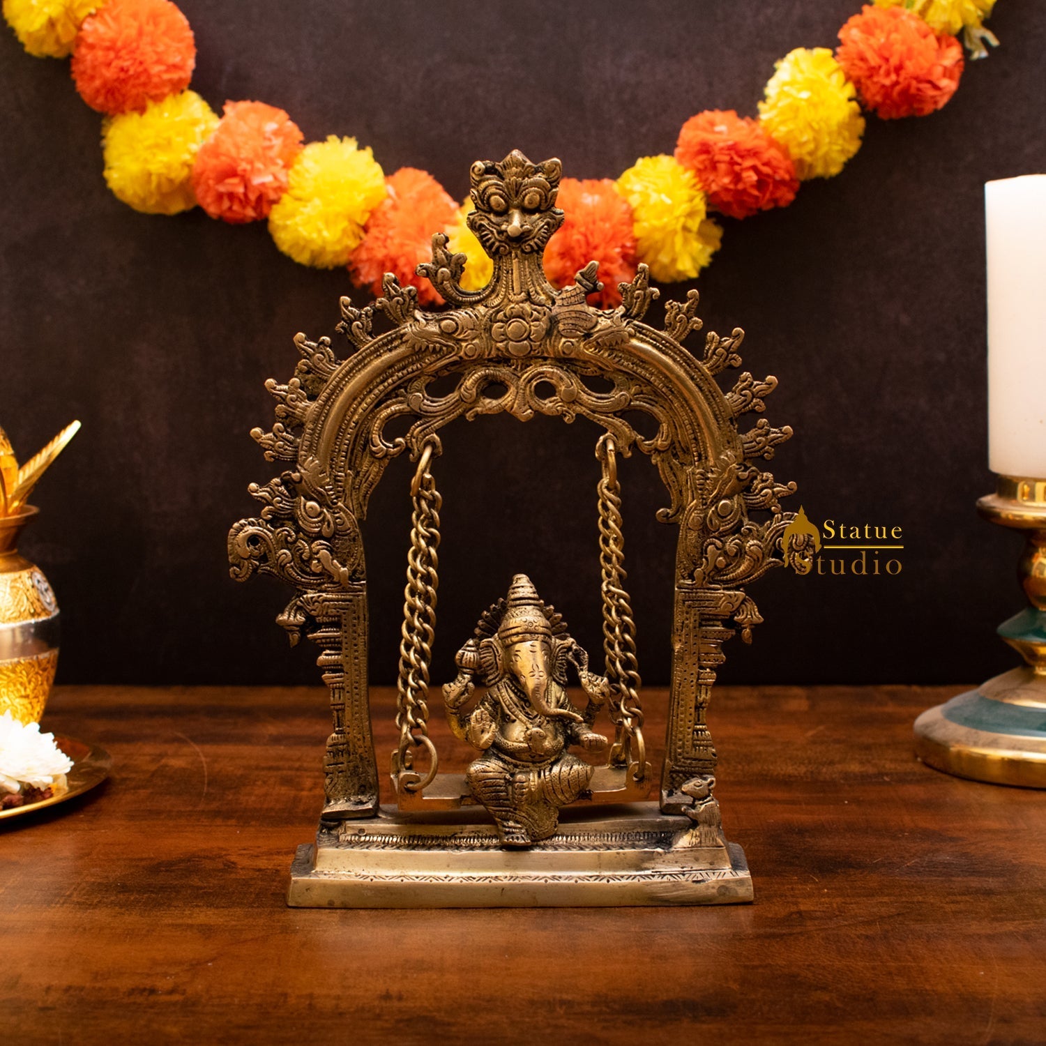 Brass Ganesha Idol On Swing Statue 10 Inch - Eco-friendly - Sama Homes