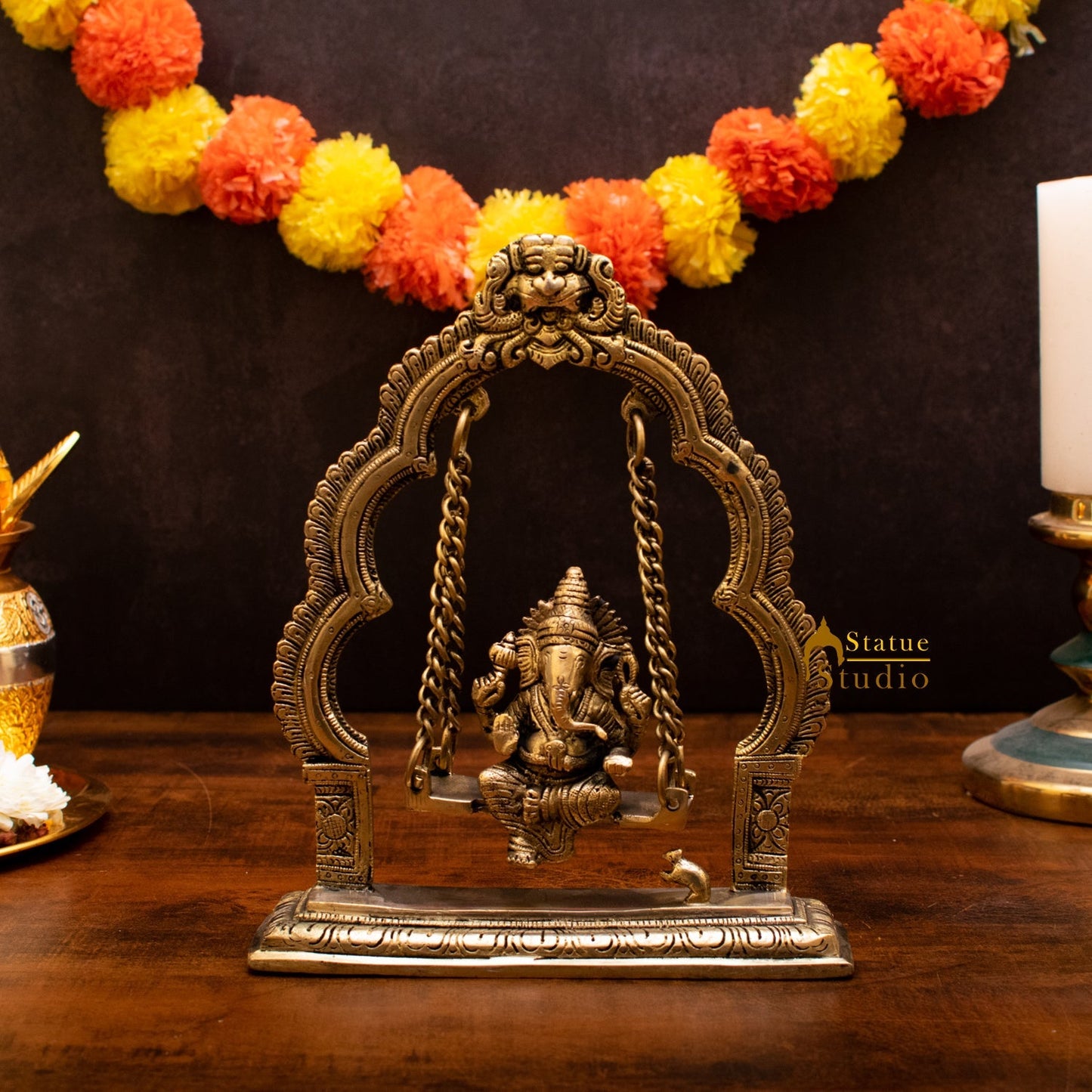 Brass Ganesha Idol On Swing Statue 9 Inch