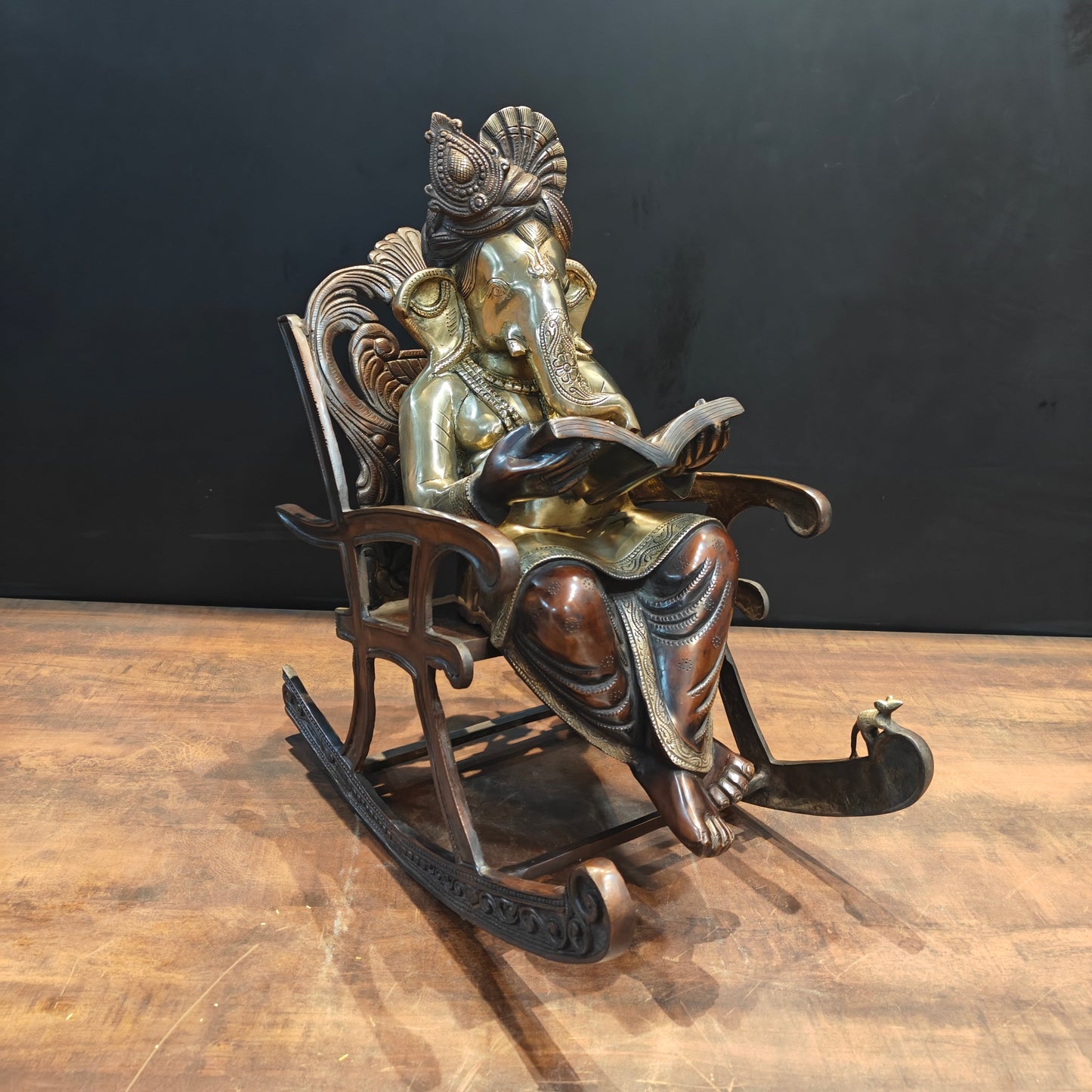 Brass Ganesha Idol Reading Book On Rocking Chair Antique Finish 2 Feet