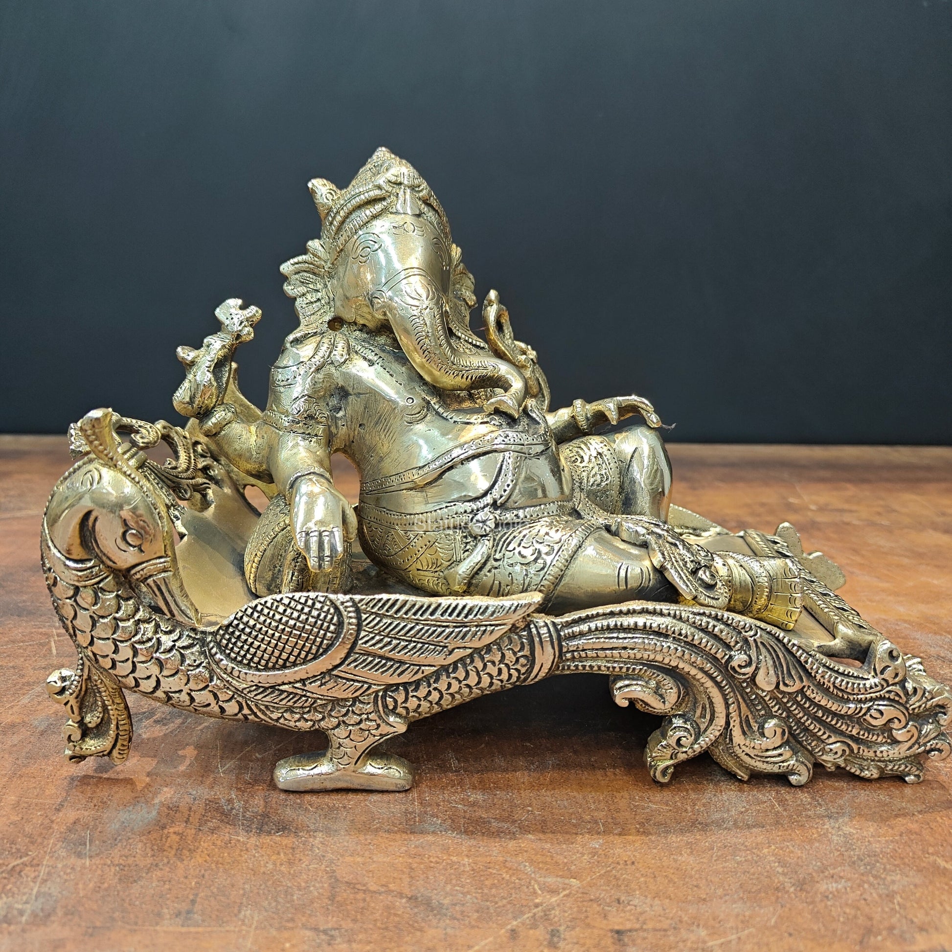 Brass Ganesha Idol Resting On Peacock Singhasan 10 Inch - Eco-friendly - Sama Homes