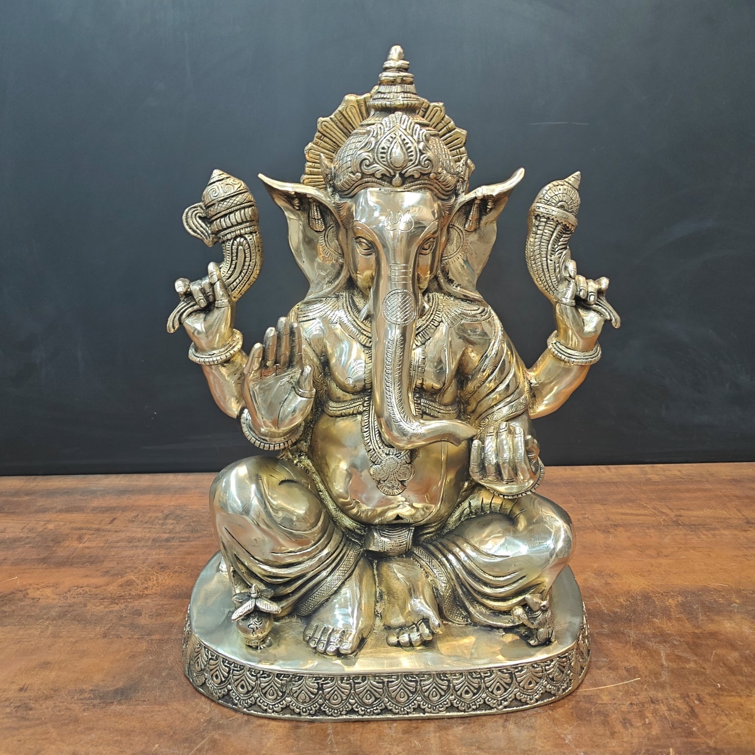 Brass Ganesha Idol Seated On Base Golden Finish 21 Inch - Eco-friendly - Sama Homes