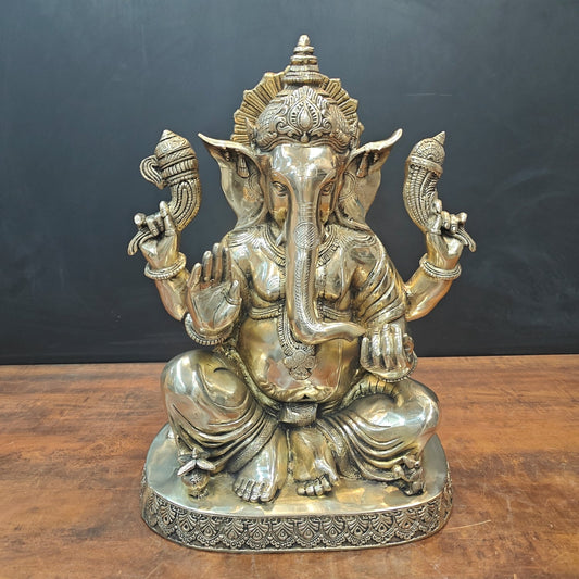 Brass Ganesha Idol Seated On Base Golden Finish 21 Inch