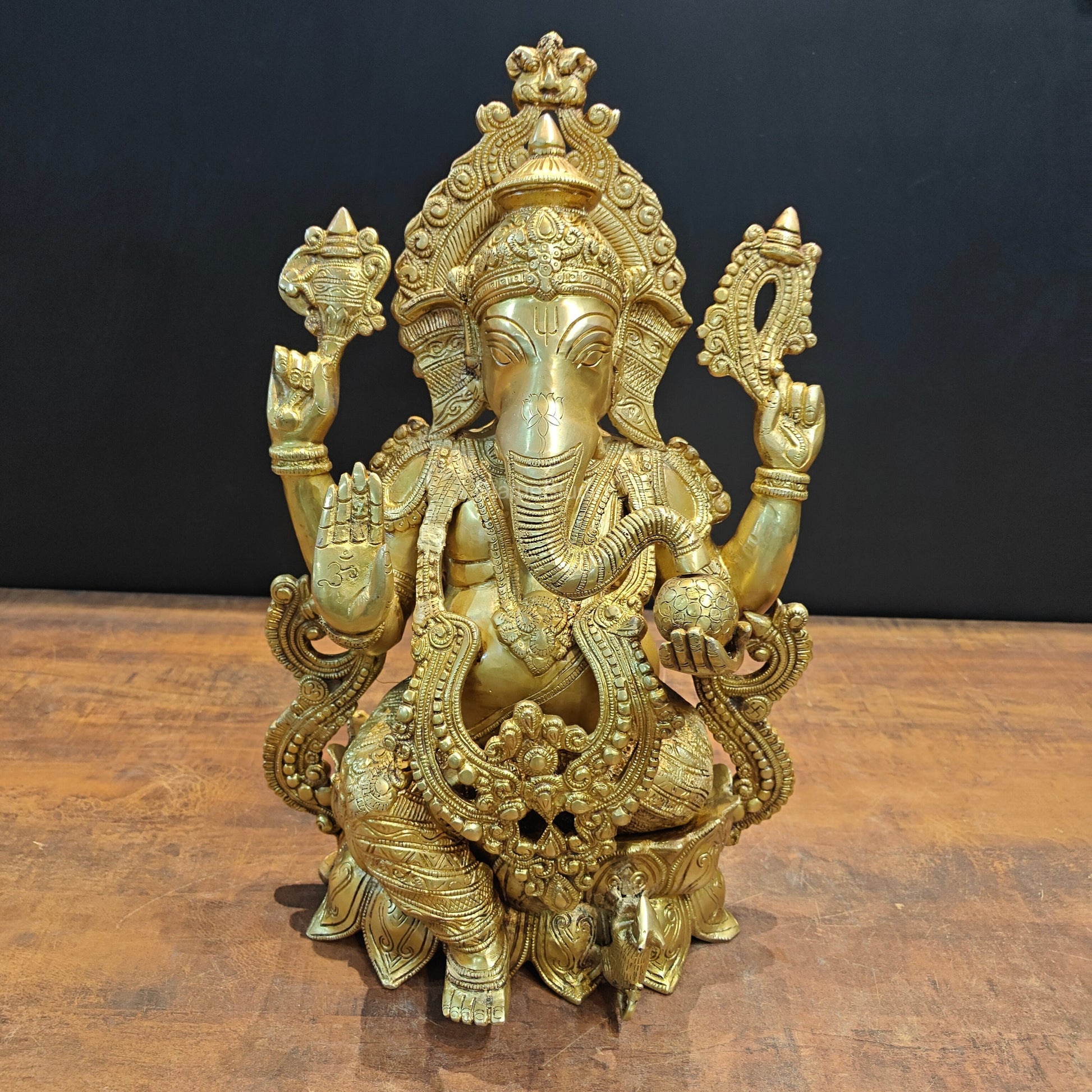 Brass Ganesha Idol Seated On Lotus Base 22 Inches - Eco-friendly - Sama Homes