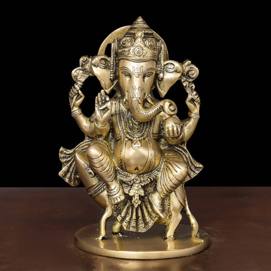 Brass Ganesha Idol Seated On Ret For Home Temple Decor 10 Inch