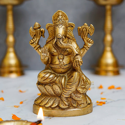 Brass Ganesha Idol Sitting On Lotus Base 5.5 Inch by vendor-unknown - Hindu Gods