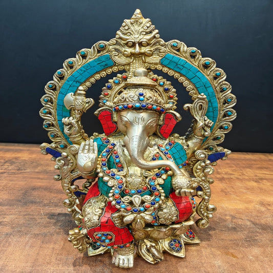 Brass Ganesha Idol Sitting On Lotus Base With Stone Work 16 Inch