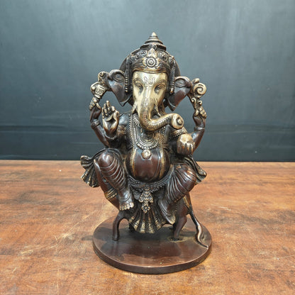 Brass Ganesha Idol Sitting On Mouse Antique Finish 10 Inch by vendor-unknown - Hindu Gods