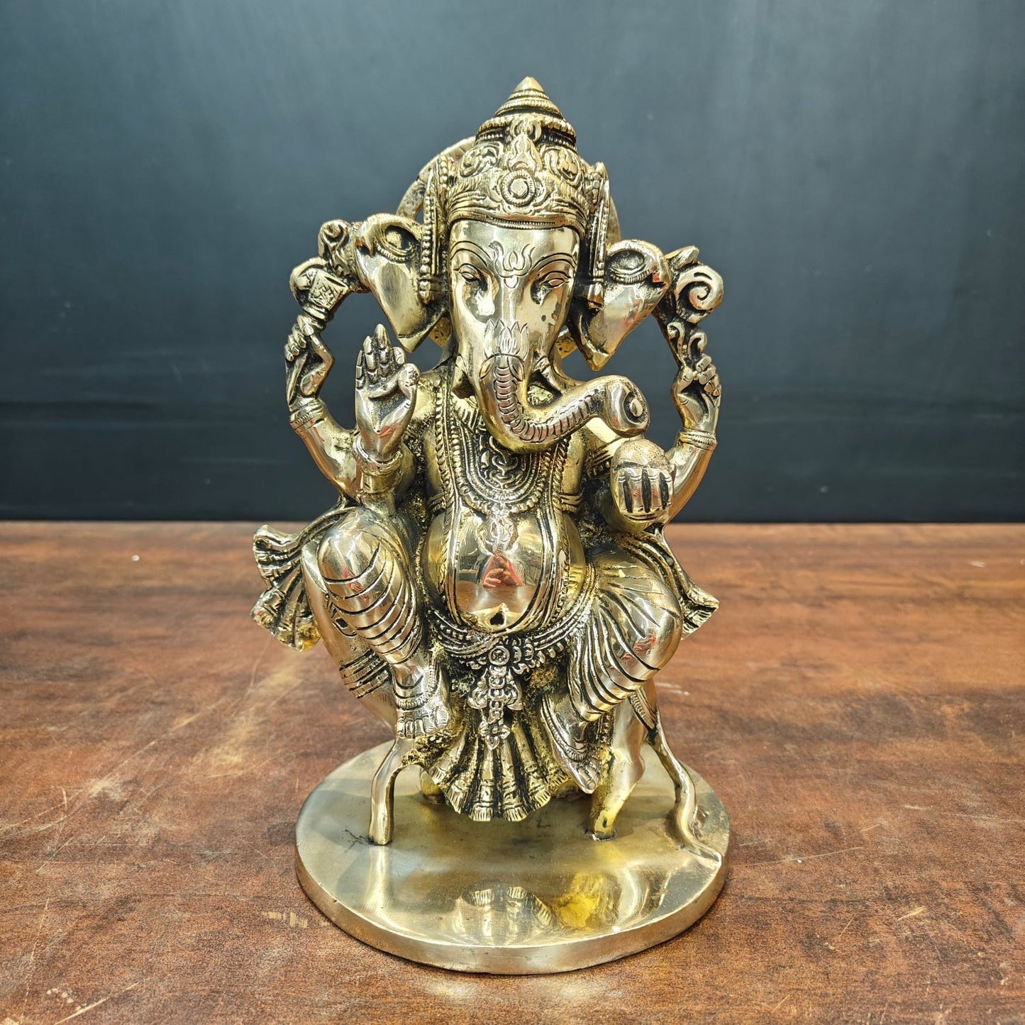 Brass Ganesha Idol Sitting On Mouse For Home Decor 10 Inch