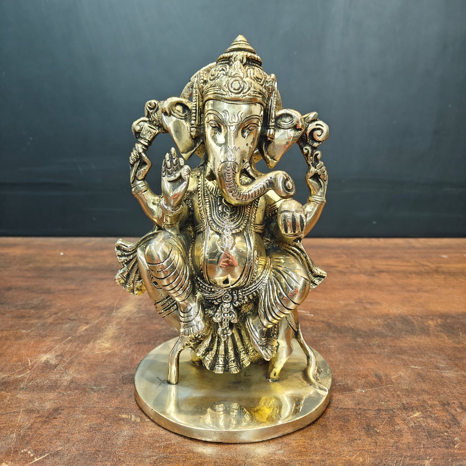 Brass Ganesha Idol Sitting On Mouse For Home Decor 10 Inch - Eco-friendly - Sama Homes