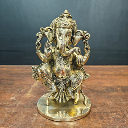 Brass Ganesha Idol Sitting On Mouse For Home Decor 10 Inch by vendor-unknown - Hindu Gods