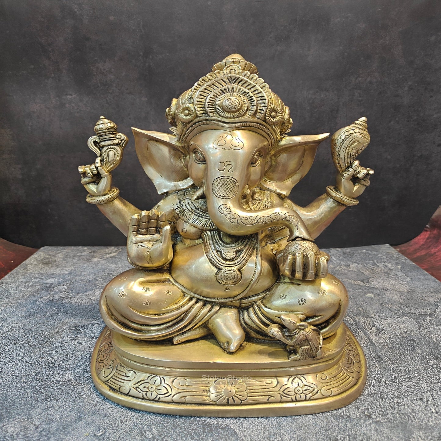 Brass Ganesha Idol Sitting on Base Handcrafted 16 Inches