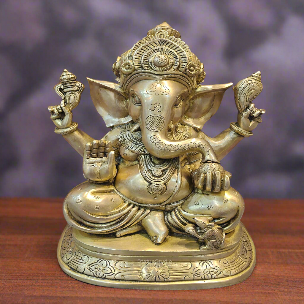 Brass Ganesha Idol Sitting on Base Handcrafted 16 Inches