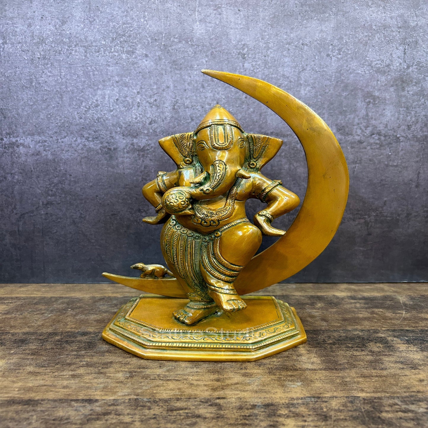 Brass Ganesha Idol Standing With Moon Copper Patina Finish 9.5"