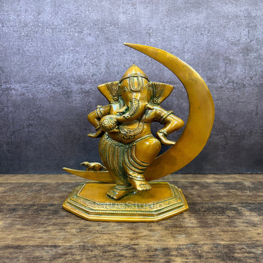 Brass Ganesha Idol Standing With Moon Copper Patina Finish 9.5"