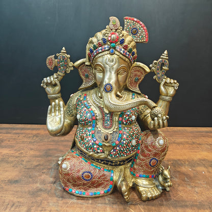 Brass Ganesha Idol Wearing a Turban With Stone Work 21 Inches by vendor-unknown - Hindu Gods