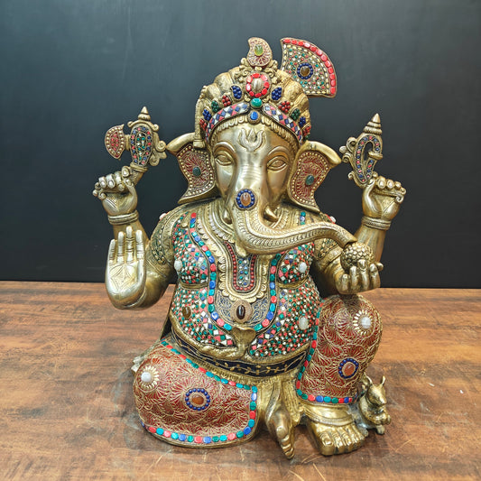 Brass Ganesha Idol Wearing a Turban With Stone Work 21 Inches