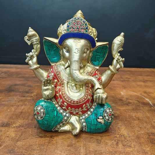Brass Ganesha Idol With Stone Work For Home Decor 9 Inch