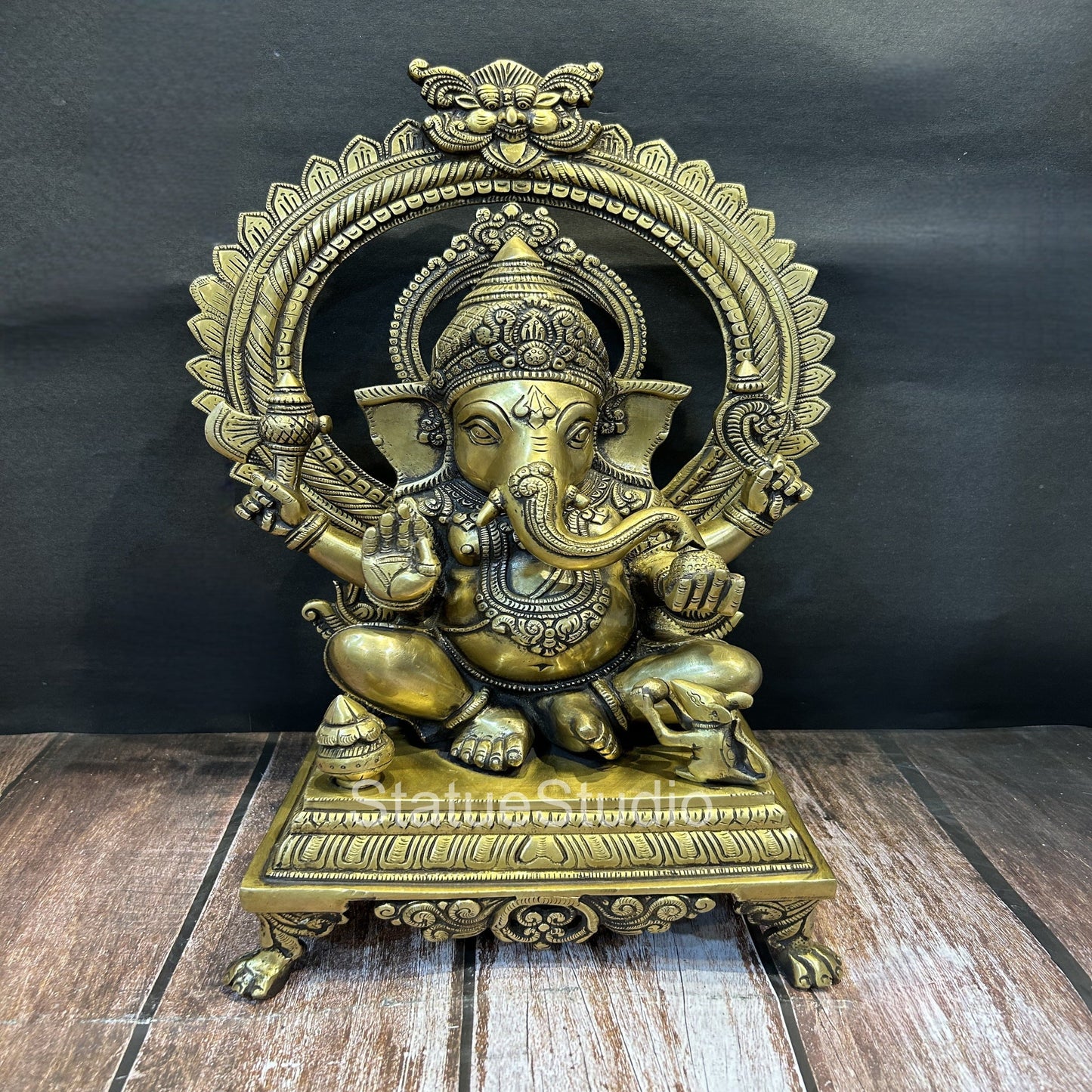 Brass Ganesha Idol With Temple Arch Antique Finish For Home Decor 19"