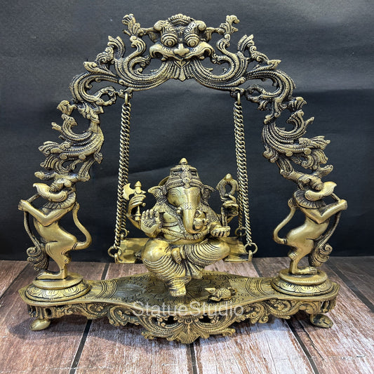 Brass Ganesha Jhula Statue Antique Finish For Home Decor Showpiece 1.5 Feet