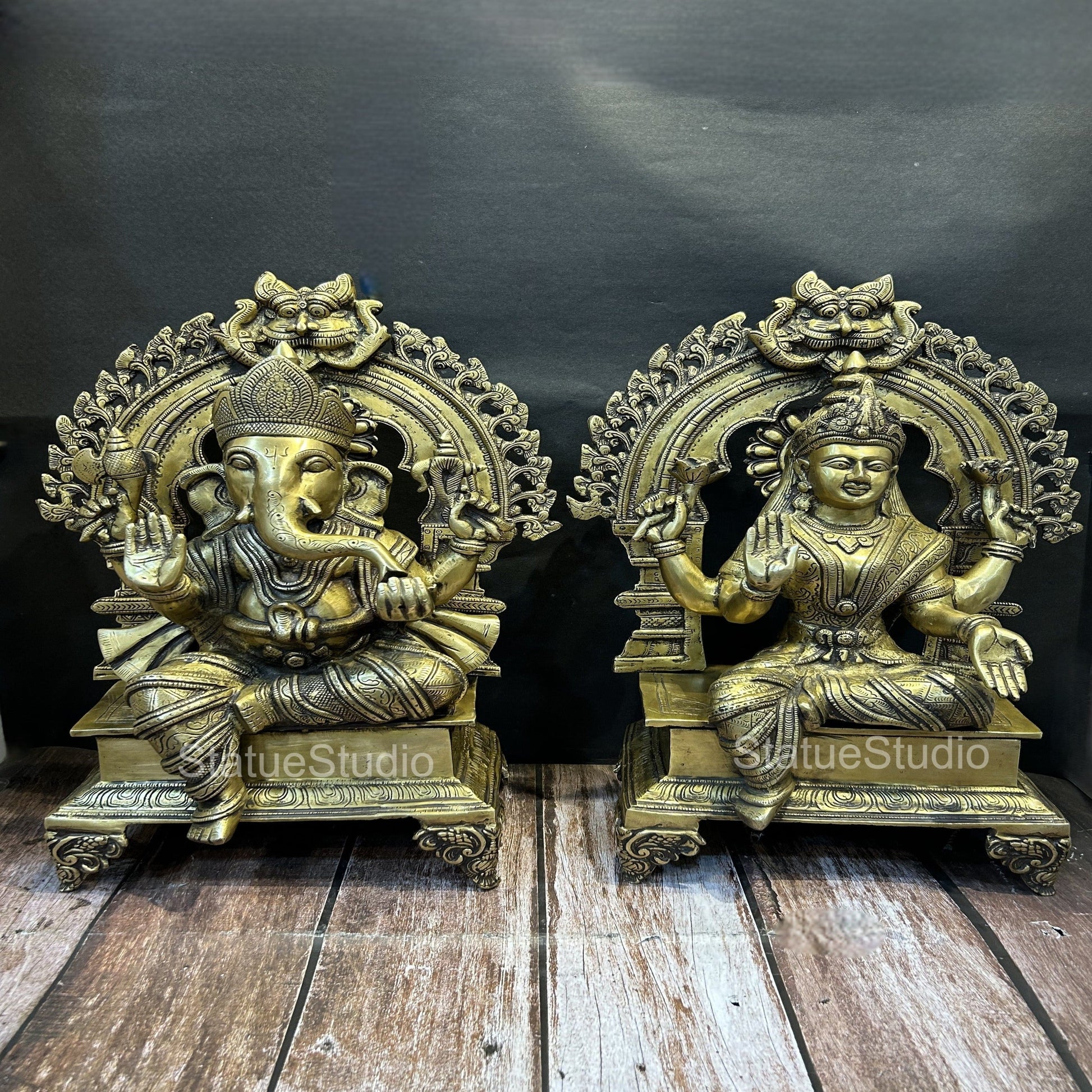 Brass Ganesha Lakshmi Idol Antique Finish For Home Temple Decor Gift 19" - Eco-friendly - Sama Homes