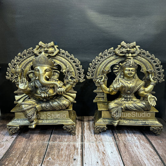 Brass Ganesha Lakshmi Idol Antique Finish For Home Temple Decor Gift 19"
