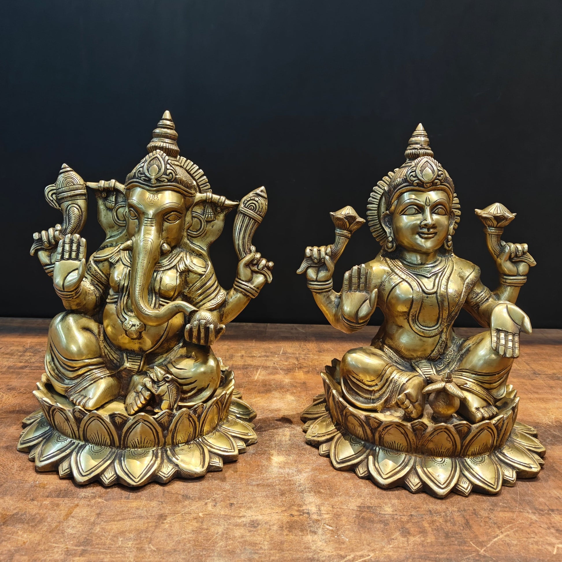 Brass Ganesha Lakshmi Idol Sitting On Lotus Base 14 Inch - Eco-friendly - Sama Homes
