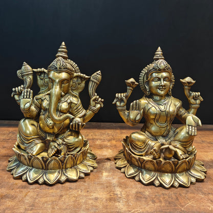 Brass Ganesha Lakshmi Idol Sitting On Lotus Base 14 Inch by vendor-unknown - Hindu Gods