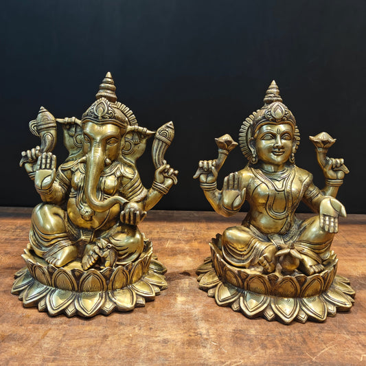 Brass Ganesha Lakshmi Idol Sitting On Lotus Base 14 Inch
