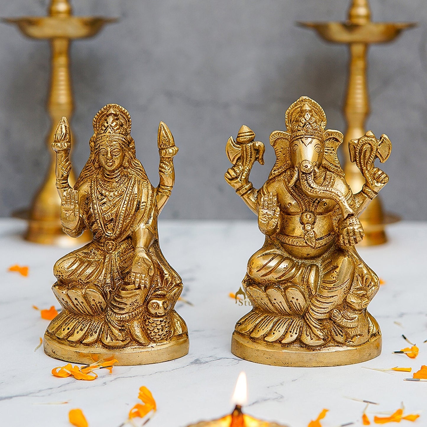 Brass Ganesha Lakshmi Idols For Diwali Decor 6 Inch