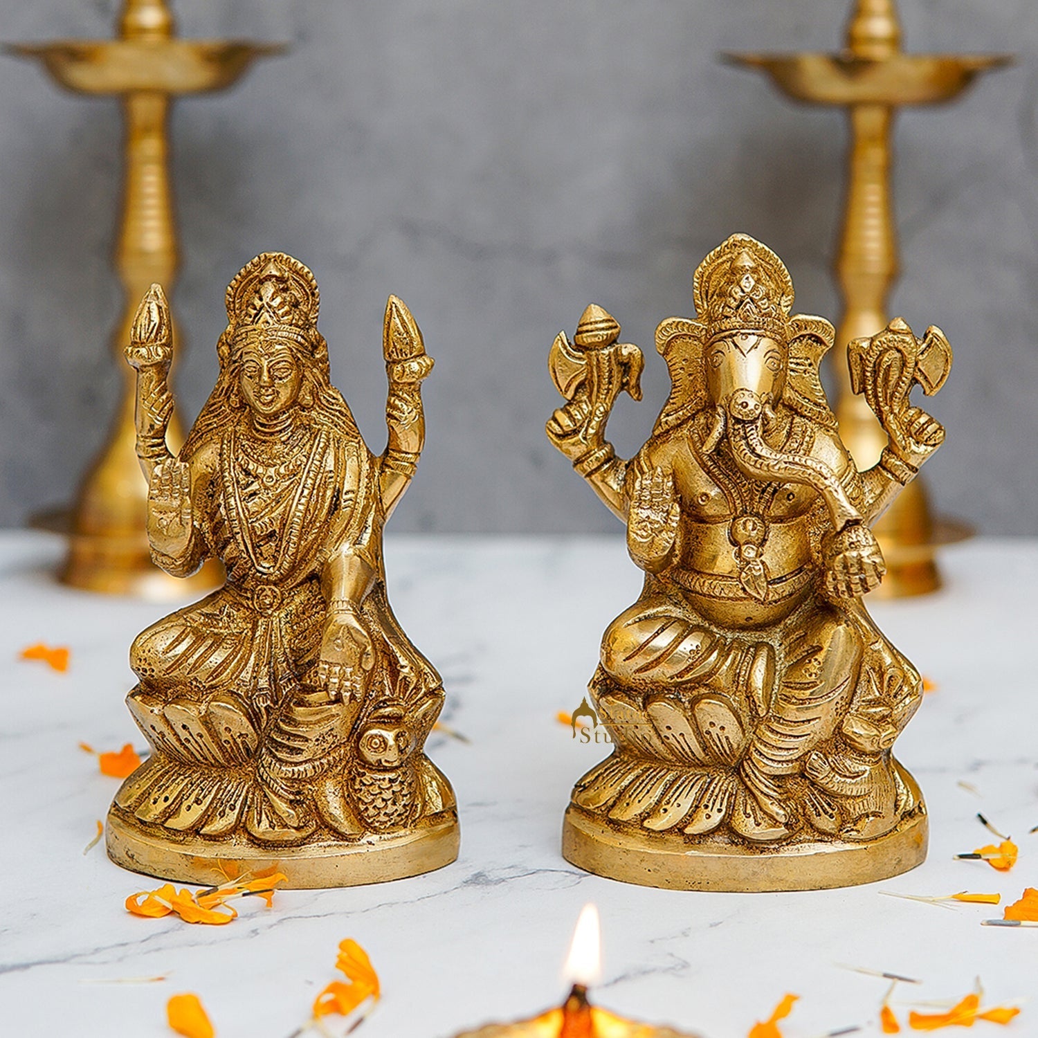 Brass Ganesha Lakshmi Idols For Diwali Decor 6 Inch - Eco-friendly - Sama Homes