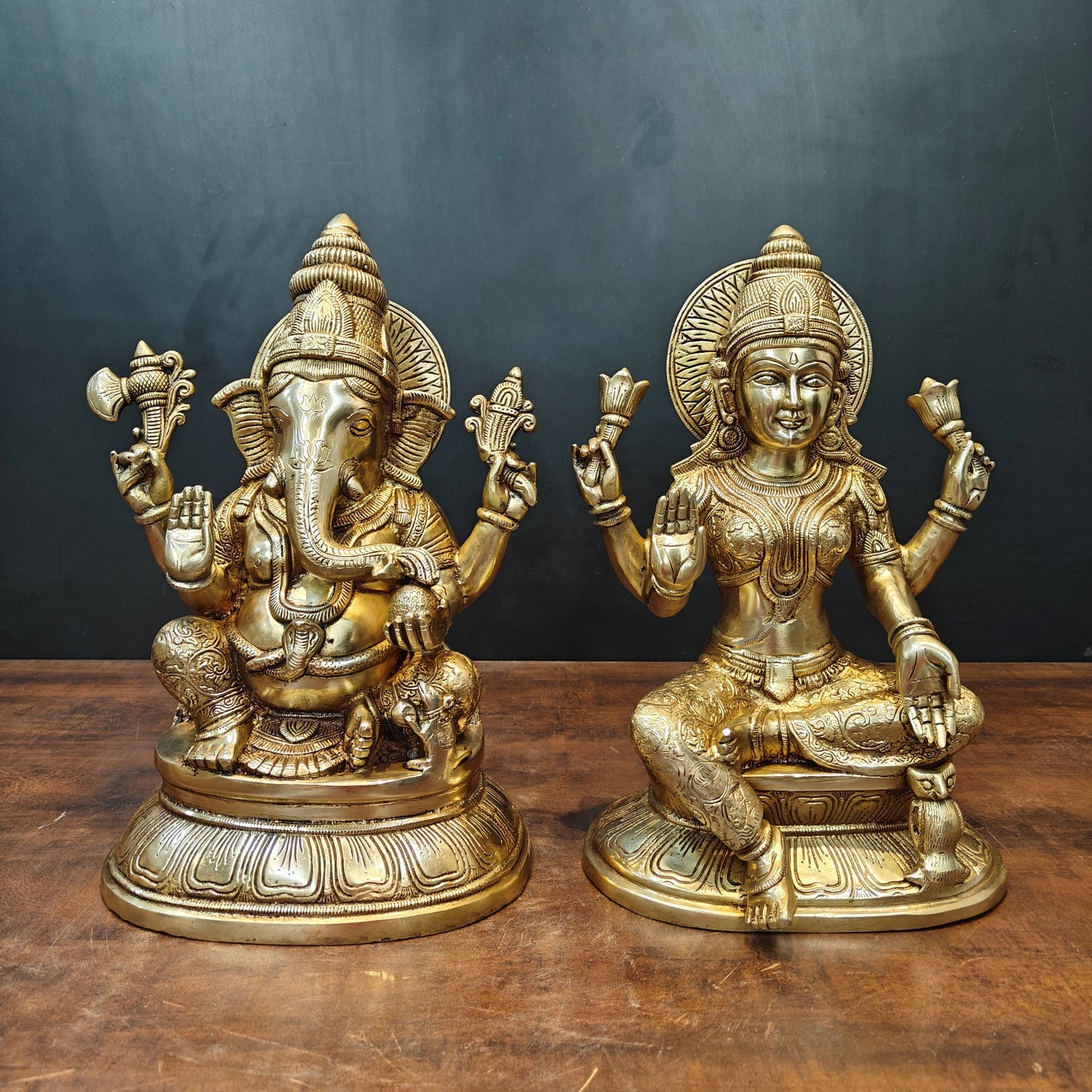 Brass Ganesha Lakshmi Idols For Home Temple Decor 15 Inches