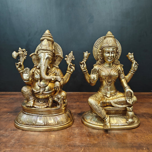 Brass Ganesha Lakshmi Idols For Home Temple Decor 15 Inches