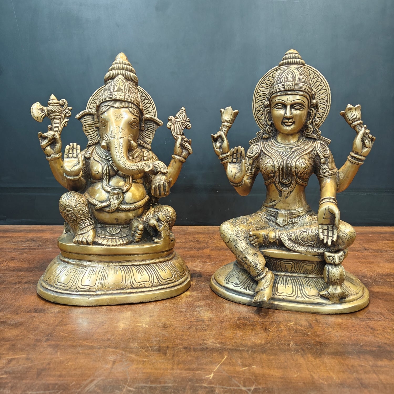 Brass Ganesha Lakshmi Idols For Home Temple Decor Antique Finish 15 Inches - Eco-friendly - Sama Homes