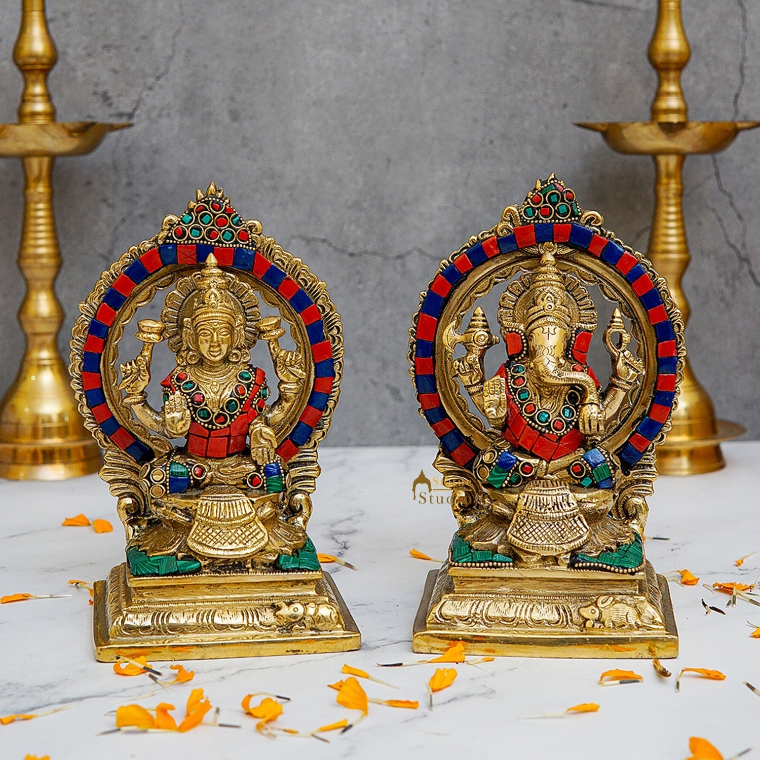 Brass Antique Ganesha Lakshmi Idol Set (Stone Work) 7" - Eco-friendly - Sama Homes