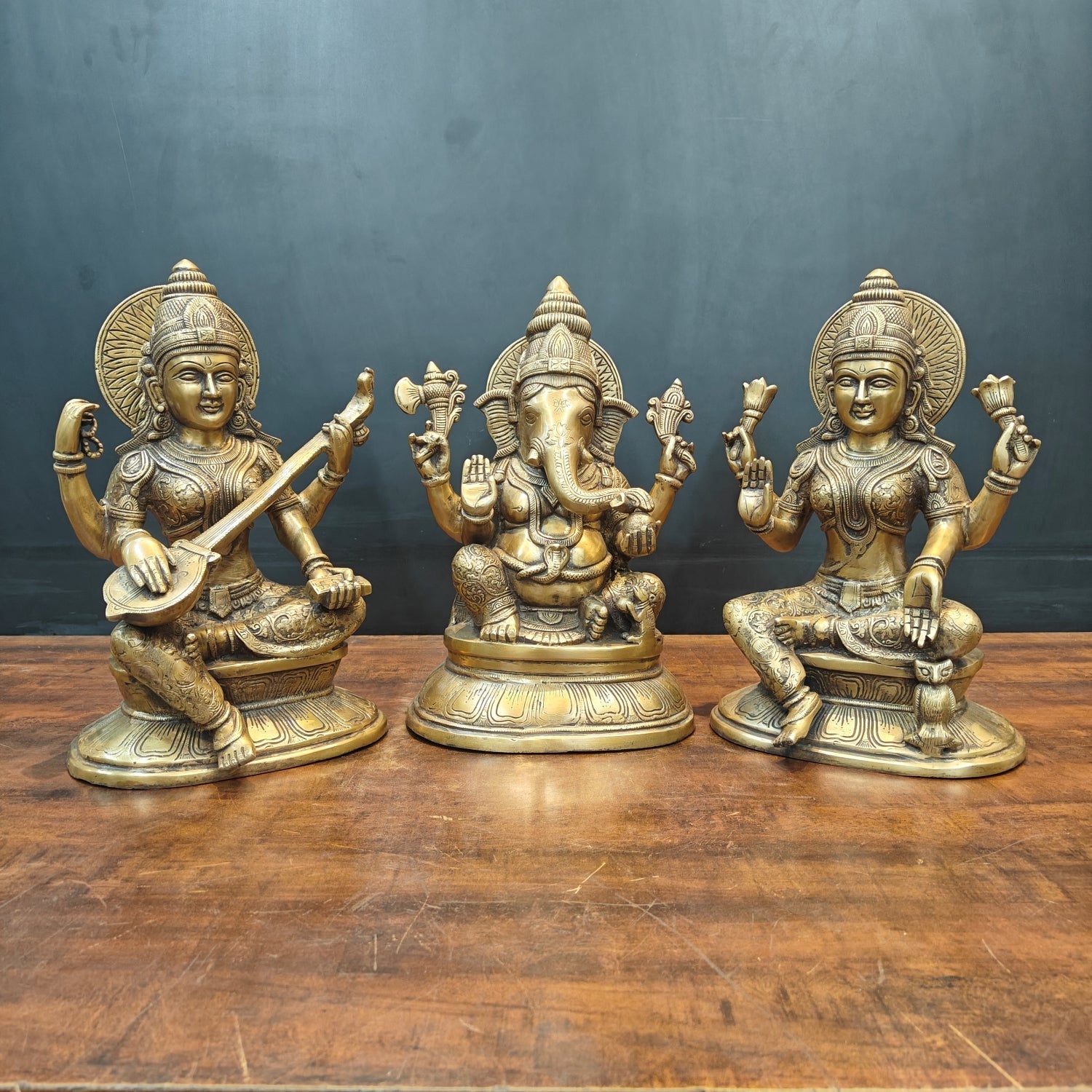 Brass Ganesha Lakshmi Saraswati Idols Antique Finish 15 Inches - Eco-friendly - Sama Homes