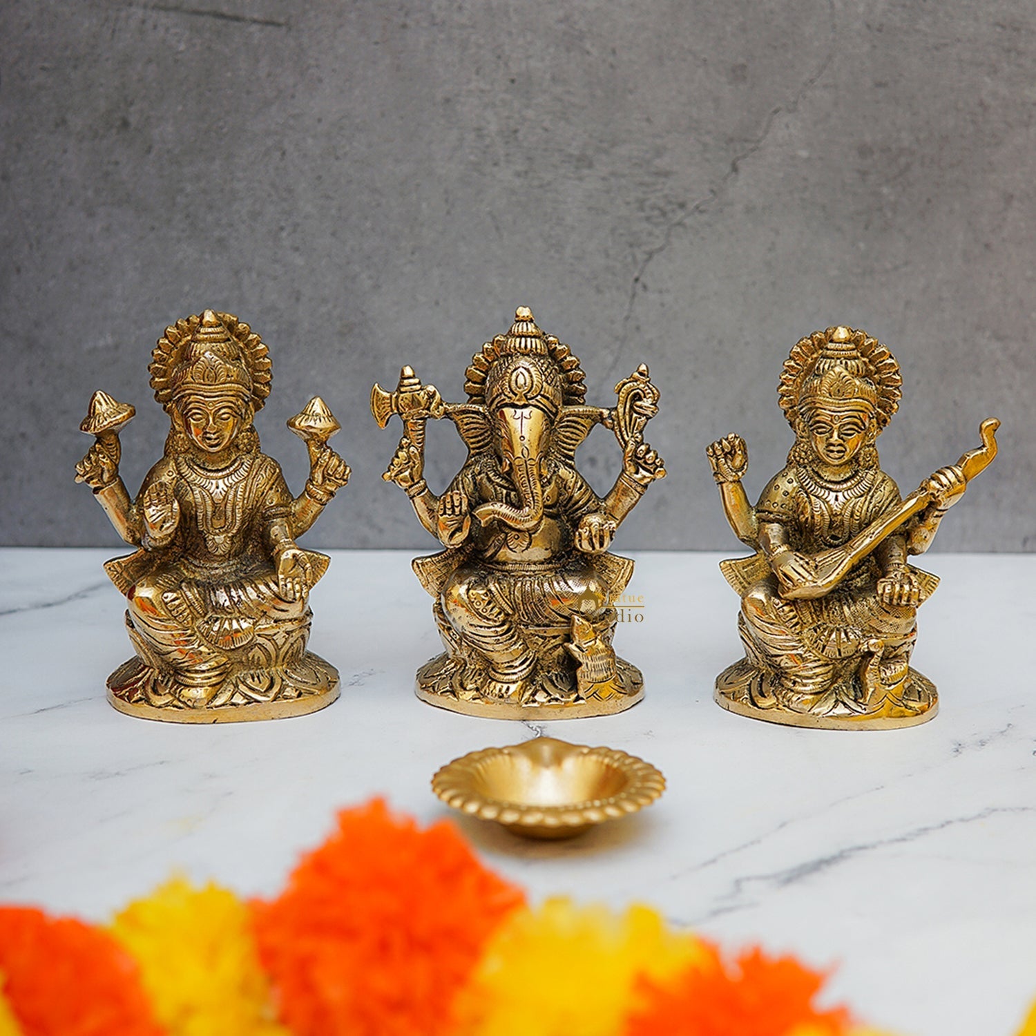 Brass Ganesha Lakshmi Saraswati Idols For Diwali Home Puja Décor Gift 5" - Eco-friendly - Sama Homes