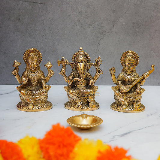 Brass Ganesha Lakshmi Saraswati Idols For Diwali Home Puja Décor Gift 5"