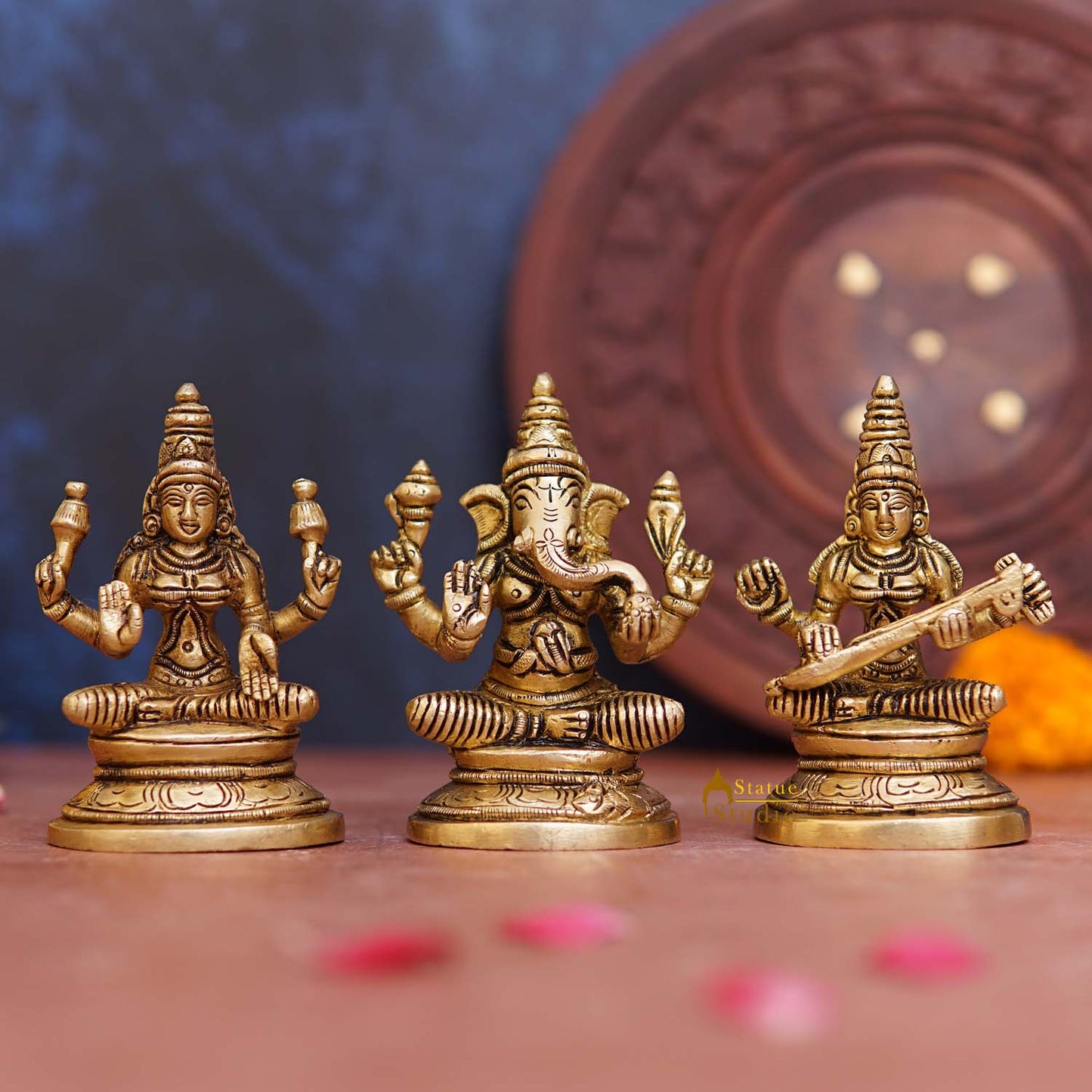 Brass Ganesha Lakshmi Saraswati Idols For Diwali Home Puja Decor 3.5"
