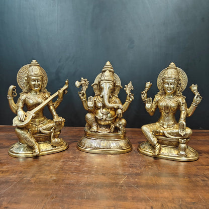 Brass Ganesha Lakshmi Saraswati Idols On Lotus Base 15 Inches by vendor-unknown - Hindu Gods