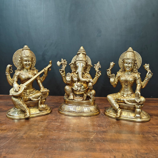 Brass Ganesha Lakshmi Saraswati Idols On Lotus Base 15 Inches