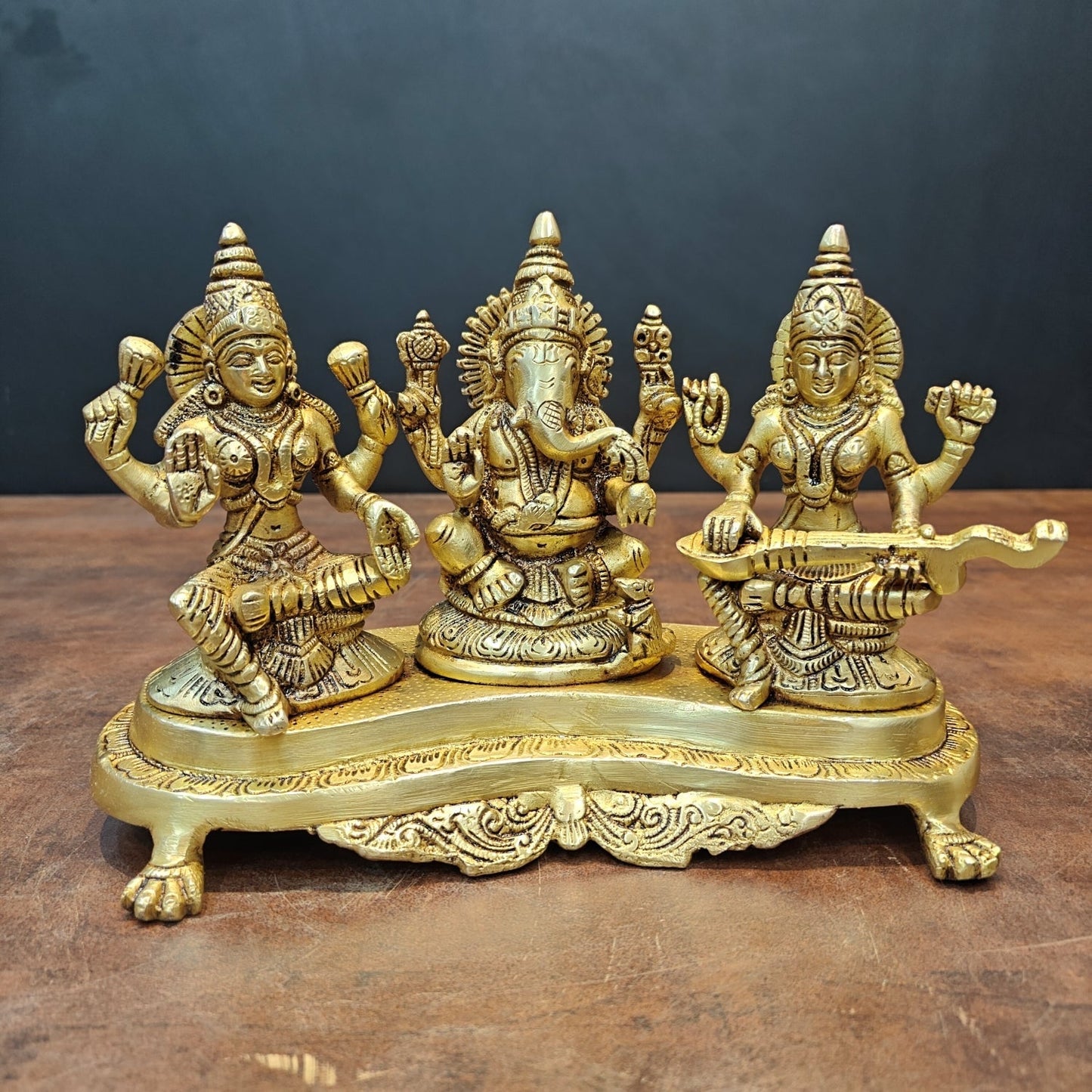 Brass Ganesha Lakshmi Saraswati Statue For Home Temple Decor 7 Inch