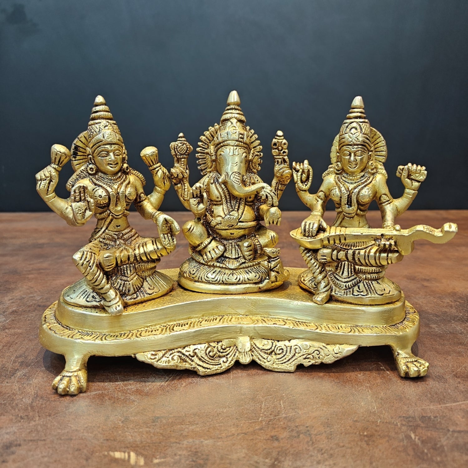 Brass Ganesha Lakshmi Saraswati Statue For Home Temple Decor 7 Inch - Eco-friendly - Sama Homes