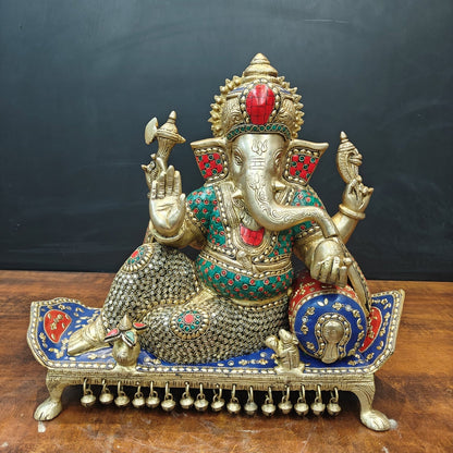 Brass Ganesha Resting On Couch With Ghungroo Stone Work 16 Inch by vendor-unknown - Hindu Gods