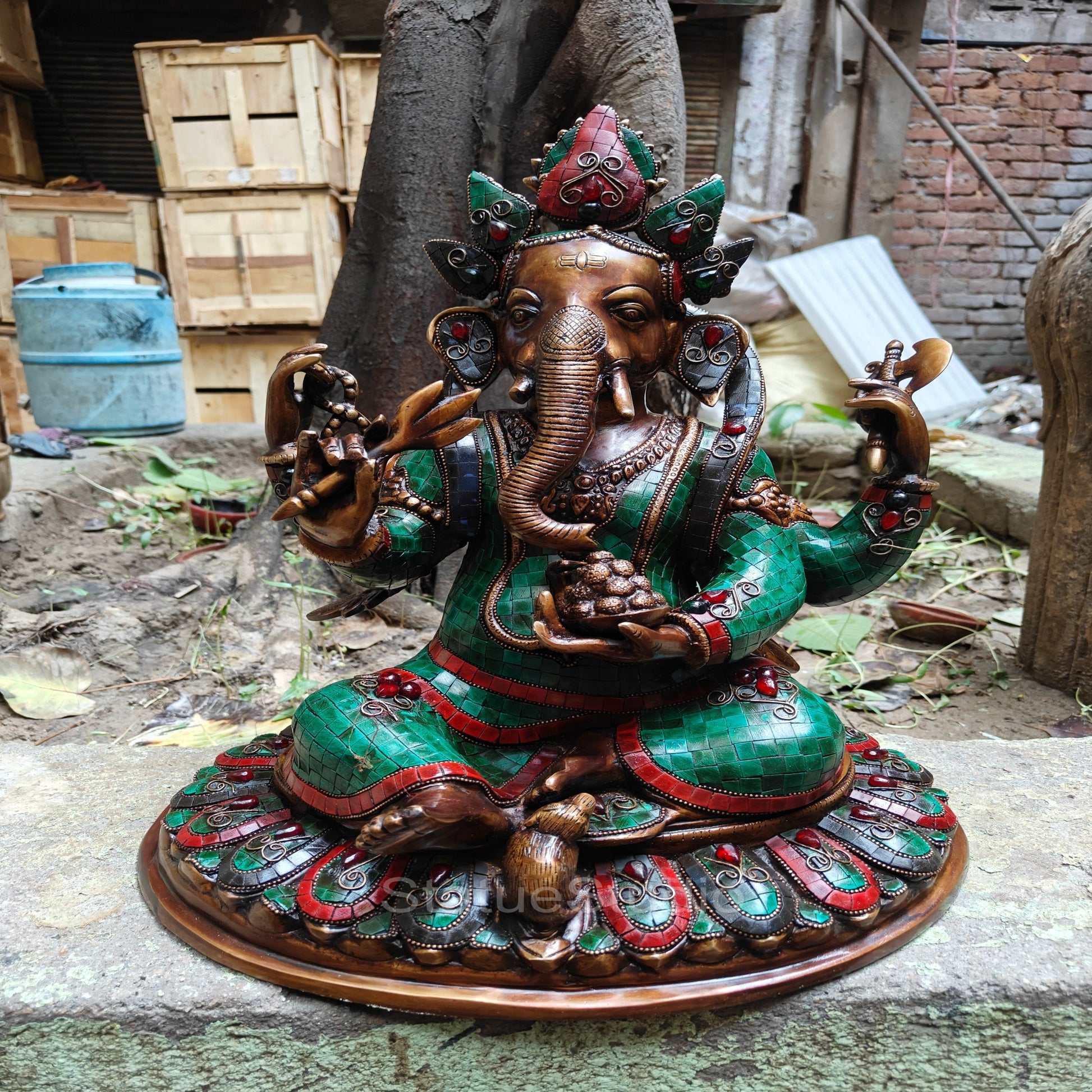 Brass Ganesha Statue Antique Stone Work For Home Temple Decor 1.5 Feet - Image 2